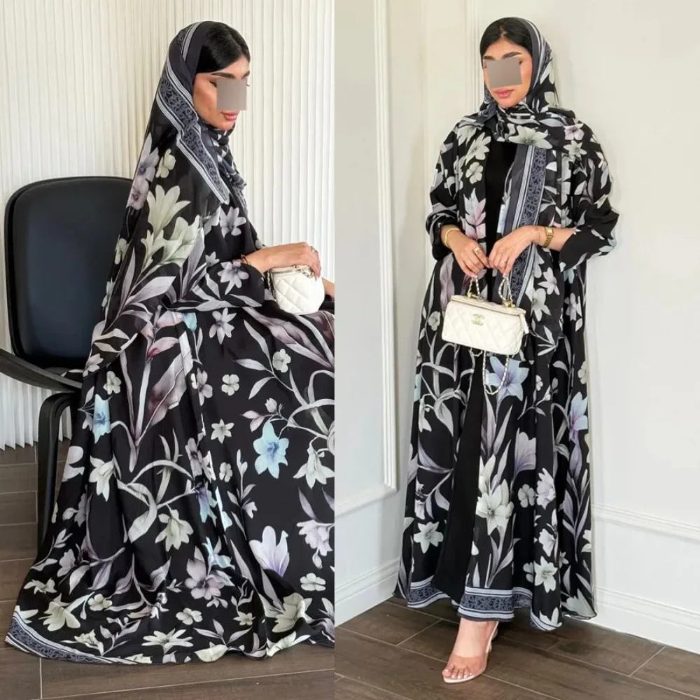 Eid Musulmano Diamante Perle Abaya per Le Donne con Sciarpa Abaya Jalabiya Abiti da Festa Dubai Caftano Abiti Largos Abito Lungo 2024