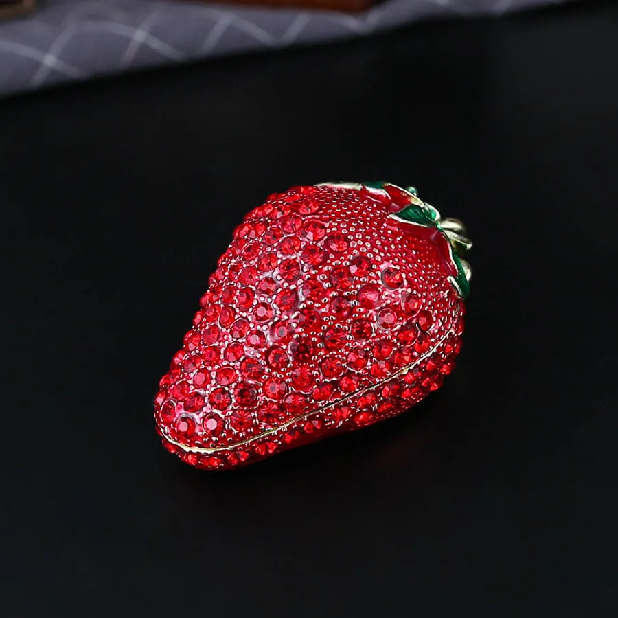 

Vintage Metal Enameled Hinged Strawberry Decorative Box Red zircon Earrings Jewelry Organizer Gift Box for Girl Women