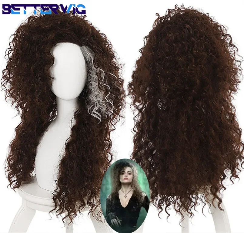 Peluca de Cosplay de Bellatrix Lestrange, pelo sintético largo y rizado marrón resistente al calor, juego de rol para Halloween, fiesta, película, pelucas + gorro de peluca