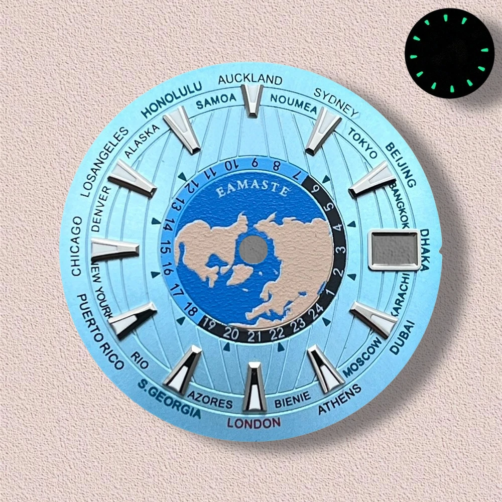 28.5mm S Logo World Map Dial Fit NH35/NH36/4R/7S Japanese Automatic Movement Green Luminous Watch Modification Accessories