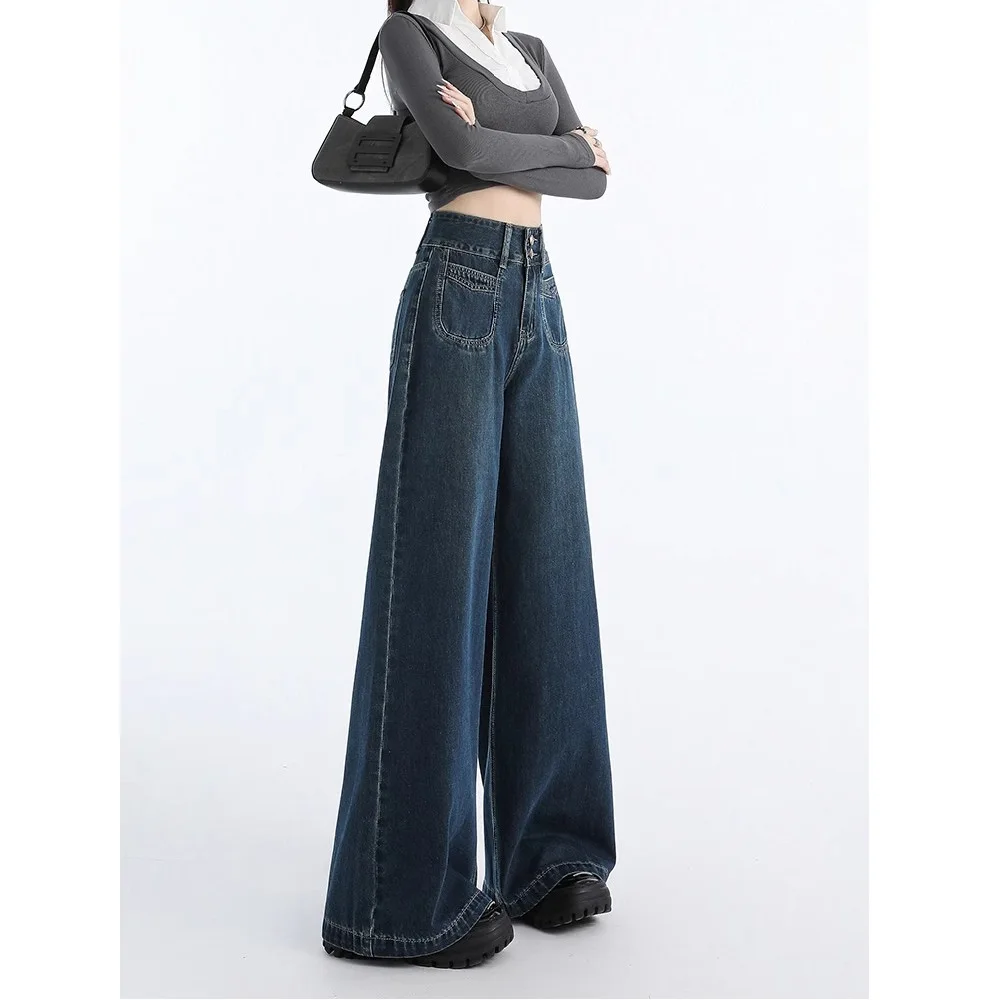 Jeans Women Distressed High Waist Wide Leg Pants Washed Floor Length Streetwear Female Vintage Denims 2024 Autumn Trousers