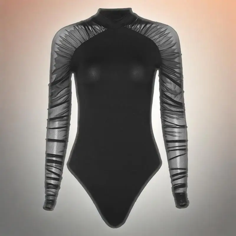 

The new women's semi-high-neck fashion mesh patchwork long-sleeved slim solid color jumpsuit for summer 2025
