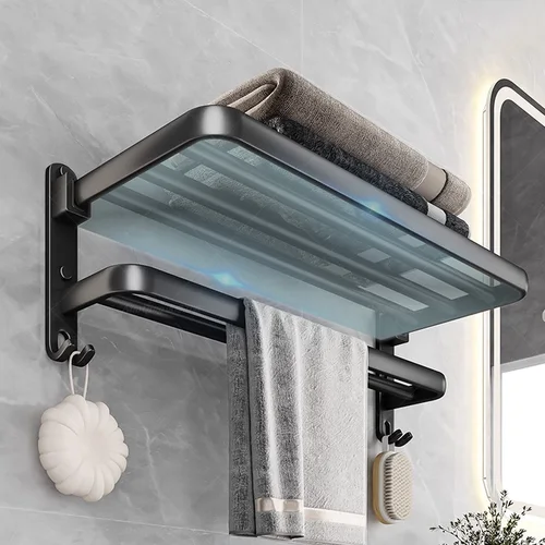 Imagen 2 del producto Toallero negro sin perforación, toallero autoadhesivo para baño, estante de montaje en pared, colgador de barra de torre de aleación de aluminio con gancho