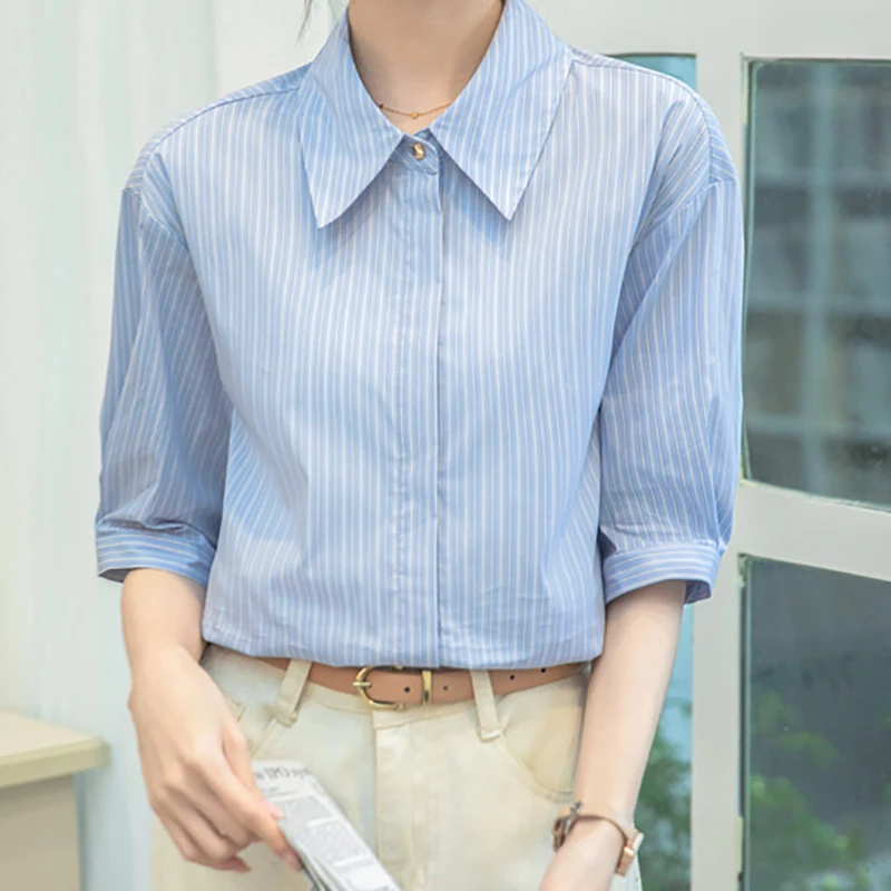 EVNISI Women Casual Blue Stripe Short Sleeve Shirt Polo Collar Elegant Loose Office Blouse Single Breasted Summer Chic Tops