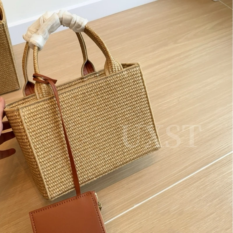 UXST Long Strap Straw Handbag Vintage Beach Woven Basket Bag Cowhide Patchwork Raffia Tote Bag Coin Purse Composite Shopping Bag