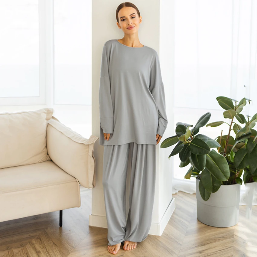 

Hiloc Sport Loose Pajamas 2 Piece Suit Autumn Long Sleeve O Neck T Shirts With Wide Leg Pants Sets 2025 Casual Outfits Female