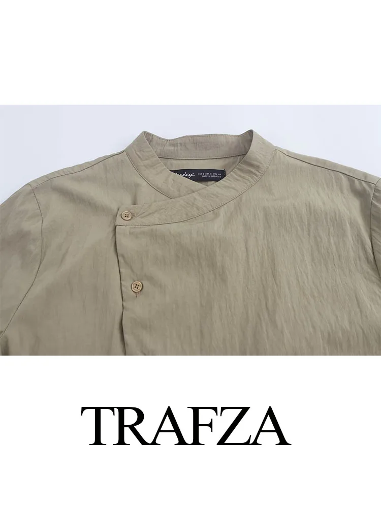 Trafza Dames Sets O-hals Korte Mouwen Knopen Single Breasted Shirt + Hoge Taille Zakken Rits Lange Broek Dames Mode Pakken