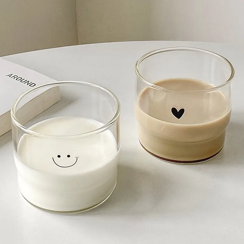 Heat Resistant Glass Cup Ins Cute Coffee Mug with Heart Smile Microwave Safe for Breakfast Milk