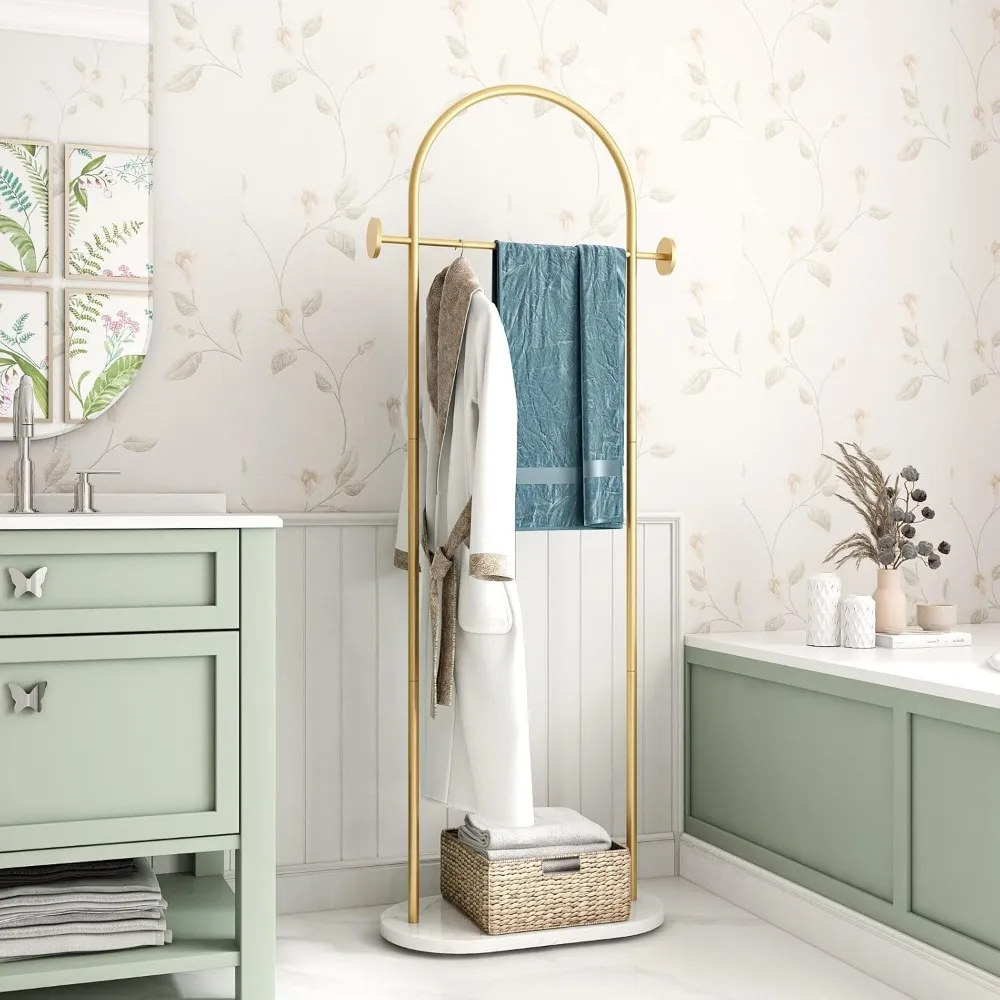 رف ملابس ذهبي قائم بذاته مع أرفف وقاعدة رخامية وحامل مظلة #6