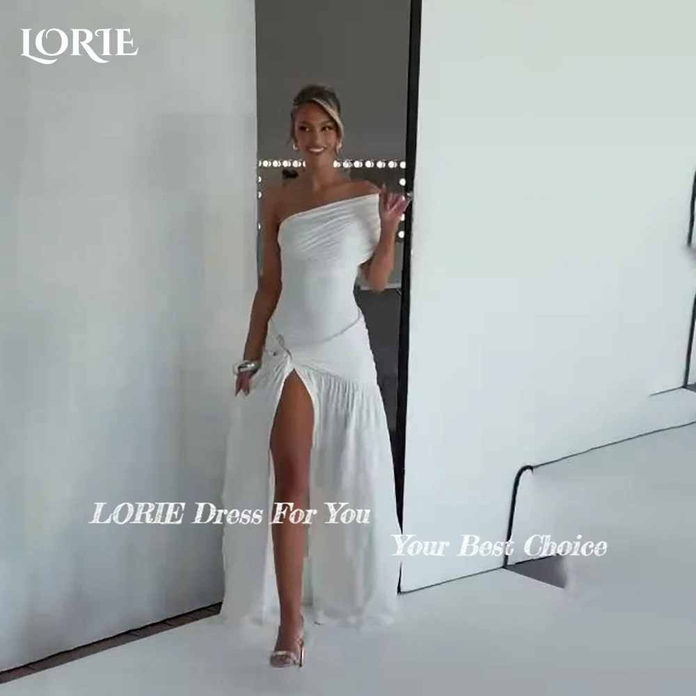 LORIE Shawl Long Wedding Dresses One Shoulder Slit A-Line Bride Gown Pleats Illsion Bridal Dress vestidos de novia Customized
