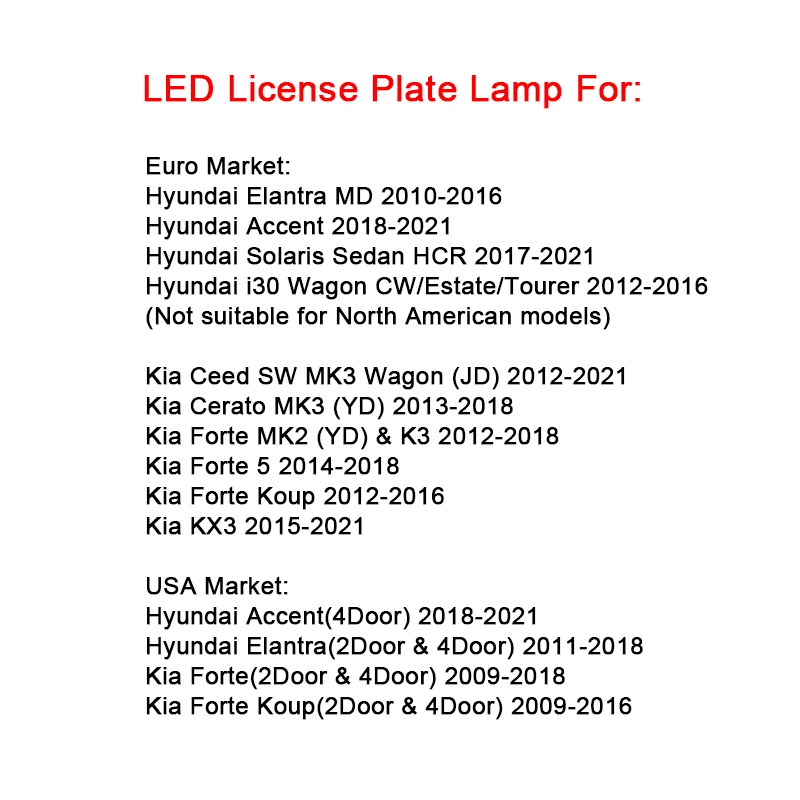 Fits For Hyundai Elantra MD Accent Solaris i30 For Kia Ceed SW Cerato MK3 Forte MK2/5/Koup/KX3 White LED License Plate Light