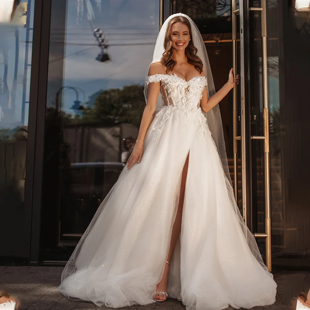 

Elegant Off The Shoulder Sweetheart Lace Applique Bridal Grown A Line Wedding Dresses Side Slit Custom Made 2025 Vestido De Noiv