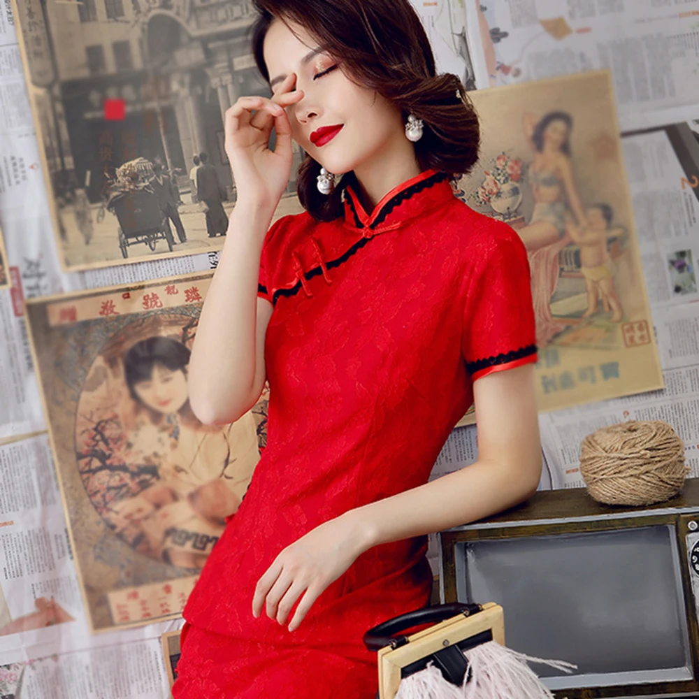 

Slim Cheongsam Dresses Thin Women Autumn Bodycon Button Floral Handmade Lace Long Printed Classical Fashion New