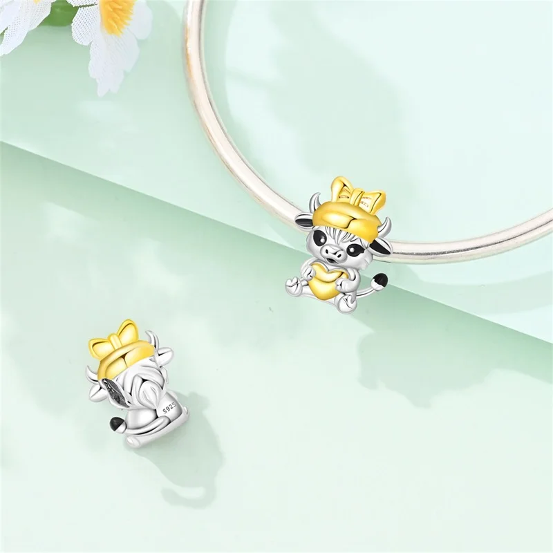 

925 Sterling Silver Golden Heart Highland Bull Charms Beads For Women Fit Original Bracelet DIY Birthday Party Jewelry Gift