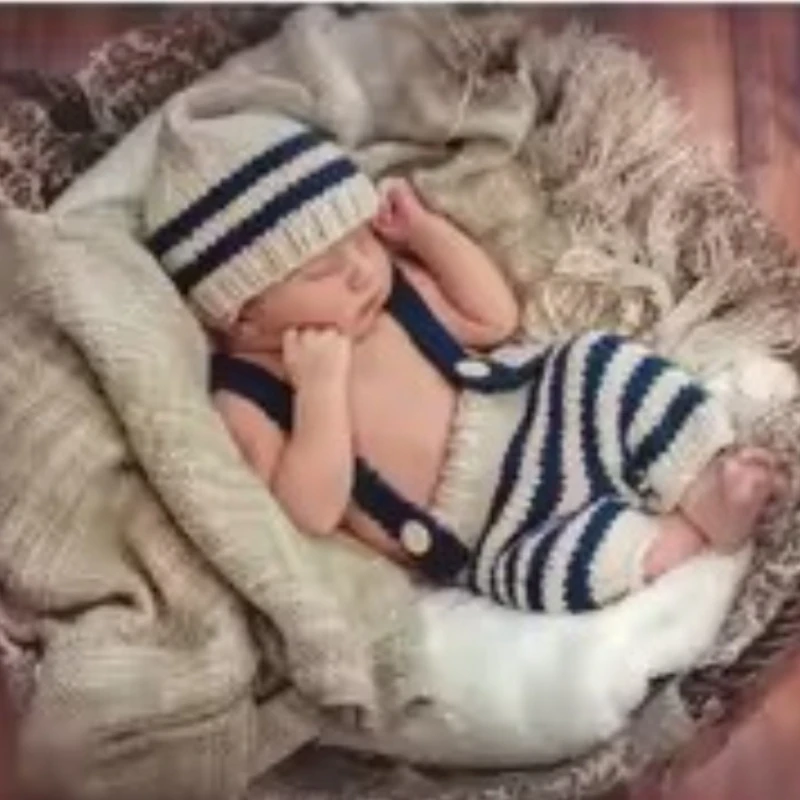 طفل صور زي الملابس الوليد بنات بنين التصوير الدعامة الكروشيه حك عموما مريلة السراويل قبعة 2 قطعة مجموعات مخطط وتتسابق #2