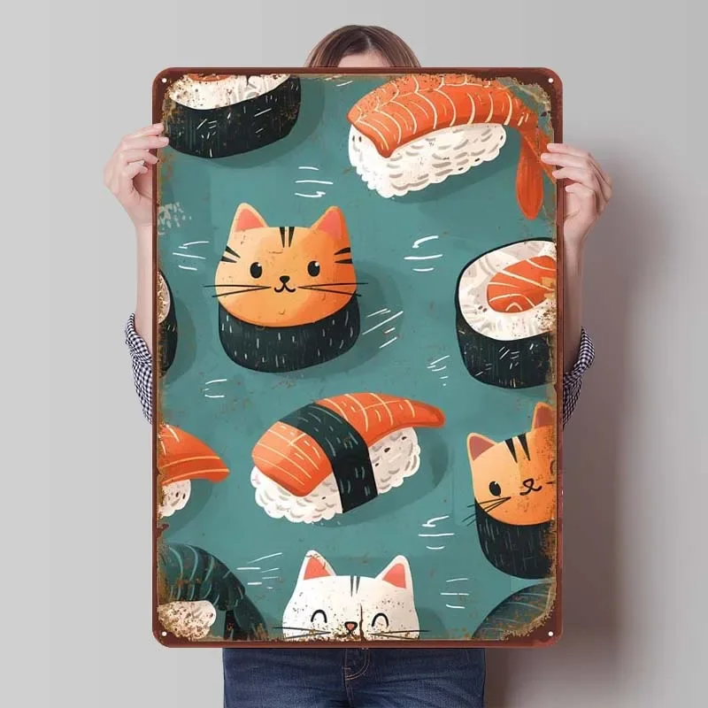 Cute Sushi Cats Rusty Food Metal Poster Gamer Room Decoration Retro Metal Tin Sign for Restaurant Home Kitchen Wall Decoration