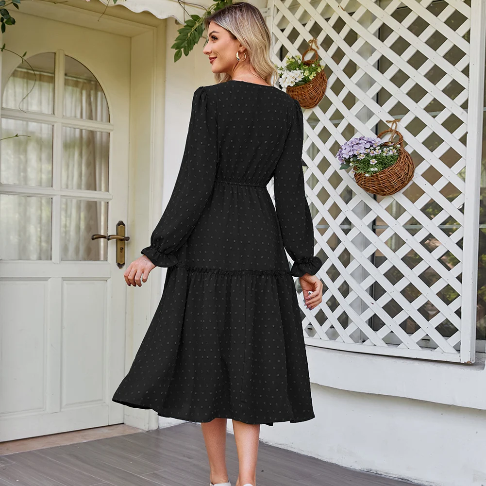 

Stylish Long Sleeve Dress featuring Notched Neck Elastic Waist A Line Silhouette Black/Wine/Navy Blue/Steel Blue