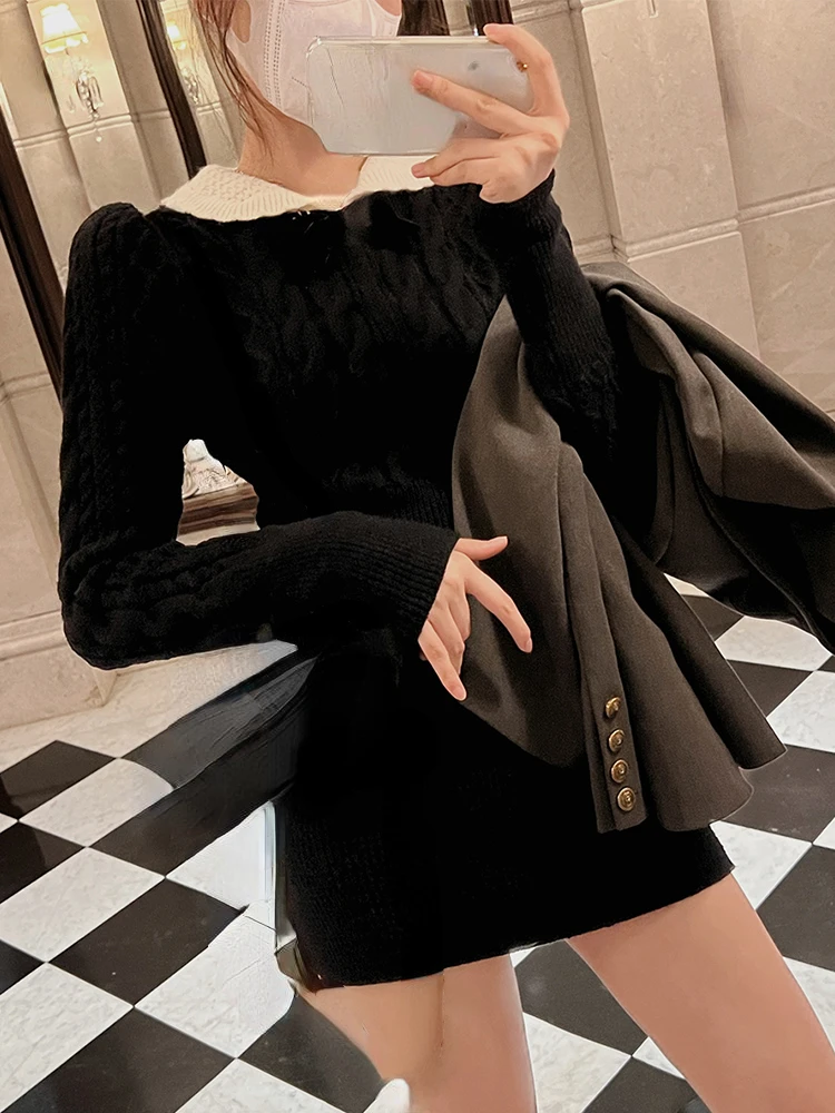 2022 Autumn Knitted 2 Piece Dress Set Women Sexy Bodycon Mini Skirt + Long Sleeve Short Sweater Female Retro Casual Korean Suit