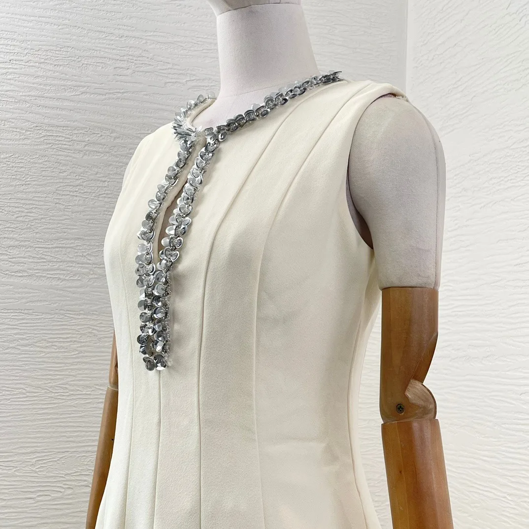 Robe mi-longue style preppy pour femme, perles blanches, diamants, haute qualité, automne, nouveau, 2024