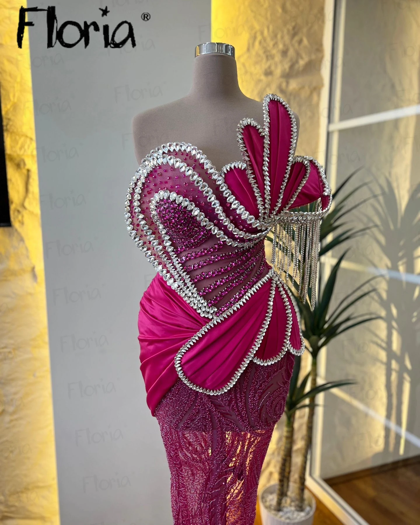 Hot Pink Gorgeous Party Dress Mermaid 3D Leaf Design 2024 Cocktail Dresses Dubai Wedding Events Gowns Heavy Crystals Customize