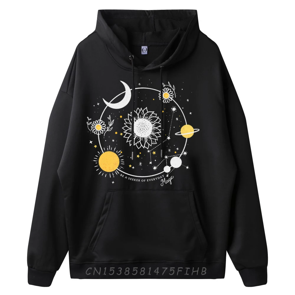 Special Mens Hoodies Round Neck Long Sleeve Celestial Mystical Luna Sunflower Moon Sweatshirt Lose Hoodies