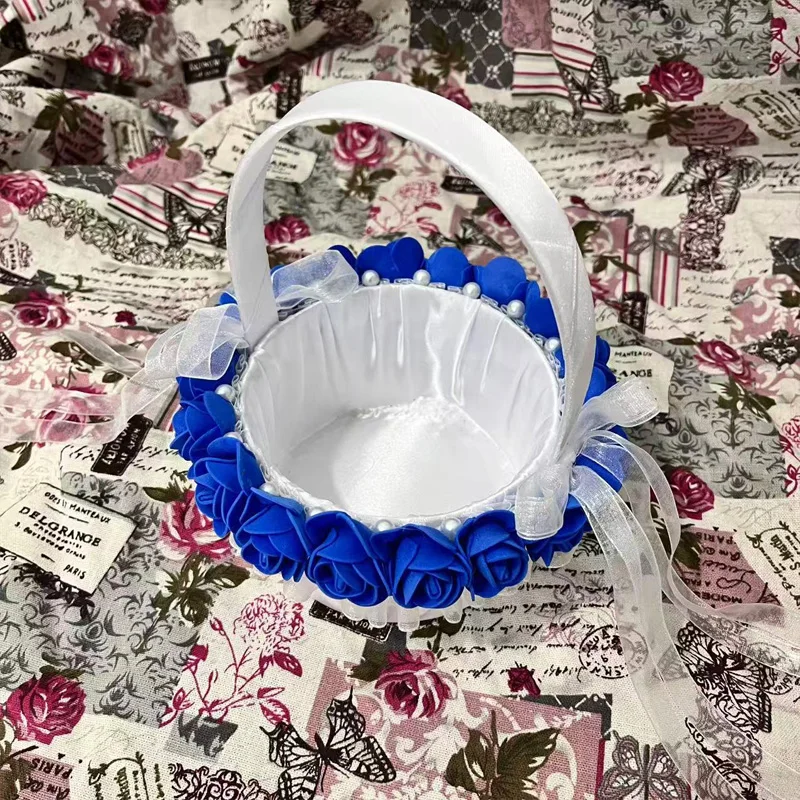 A Satin Bride's Bouquet Basket Decorated with Sapphire Blue Flowers, with a Bow - A Flower Basket for Weddings and Events
