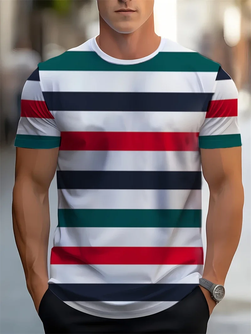 Modisches Herren-T-Shirt mit mehrfarbigem Streifenmuster, Rundhalsausschnitt, kurze Ärmel, lässige Streetwear, atmungsaktive T-Shirts