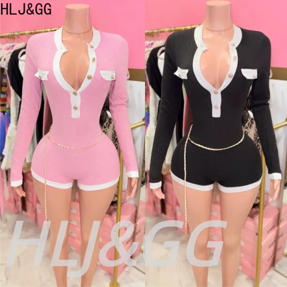 HLJ&GG Elegant Patchwork Knit One Piece Rompers Women V Neck Button Long Sleeve Bodysuits Jumpsuits Streetwear With Waist Chain