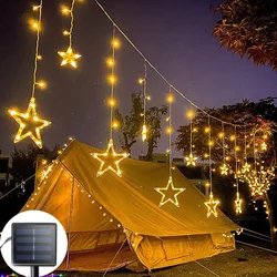 Solar Powered LED Icicle Star Moon Lamp Fairy Curtain String Lights Garland Christmas Decor for Home Wedding Party Window Decor