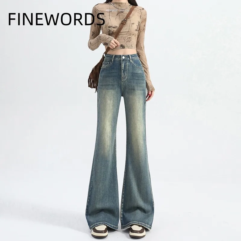 FINEWORDS Vintage Casual Bell Bottom High Waist Jeans Women Korean Easymatch Flared Jeans Streetwear Full Length Denim Blue Jean