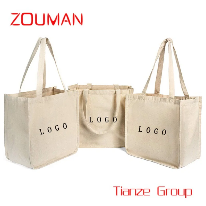 Sacos de lona pesada com bolsos, Promoção de logotipo personalizado, Tamanho grande reciclado pano Eco, Plain Blank, OEM, atacado