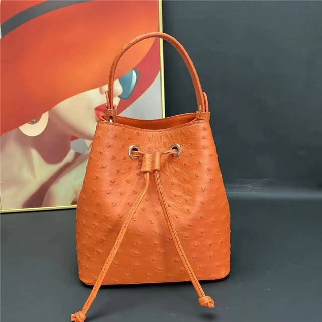 Authentic Real True Ostrich Skin Women Small Bucket Purse Female Orange  Handbag Genuine Exotic Leather Lady Single Shoulder Bag - AliExpress 1524