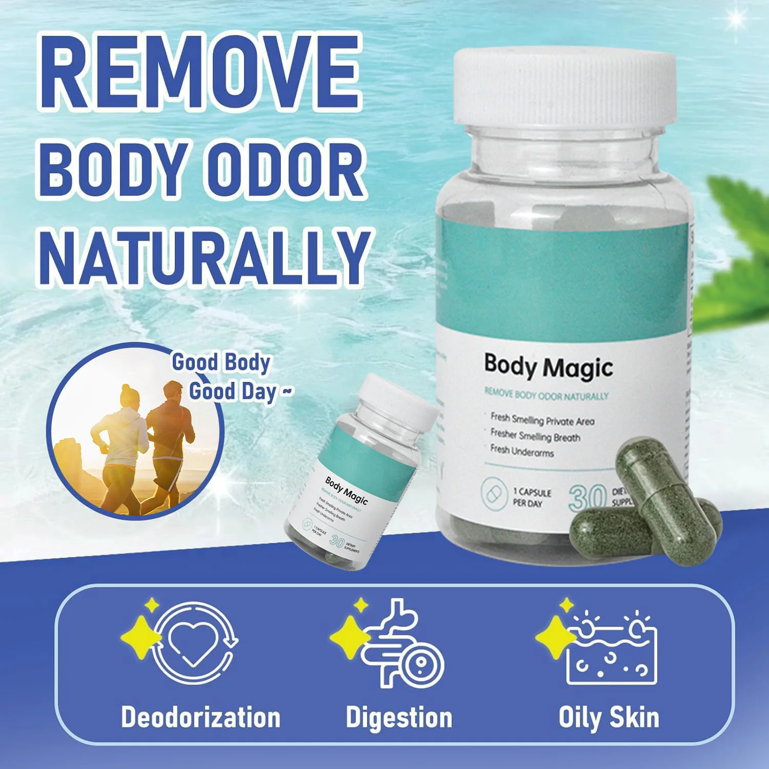 

30 Vegan Capsules Chlorophyll Capsules Natural Body Odor Eliminator Supplement Internal Deodorant for Bad Breath & Sweat