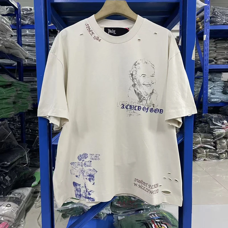 High Quality Rhinestone Paly T-shirt Loose Casual Ripped Graffiti Print Tops Breathable Cotton Apricot Short Sleeve Tee