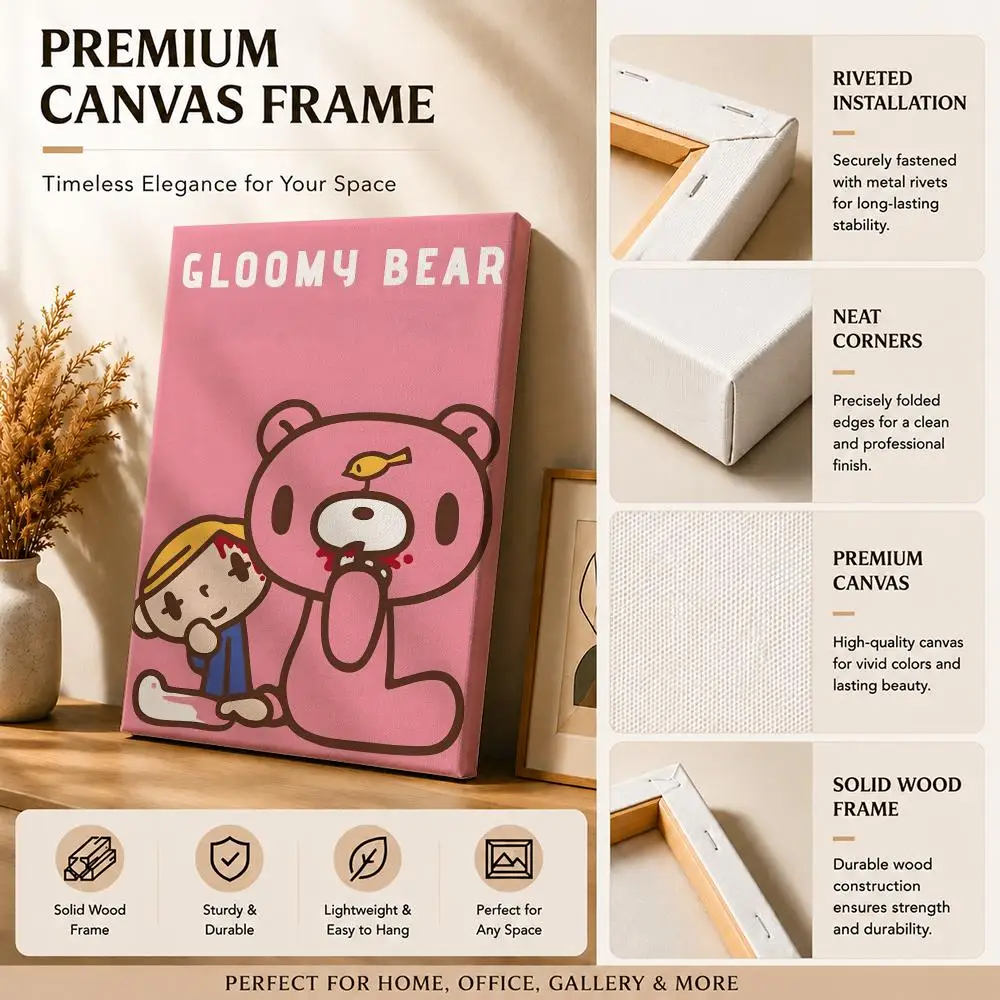 Cute Cartoon G-Gloomy Bear Framed Wall Painting Canvas Art Poster with Solid Wood Frame for Living Room Home Decor