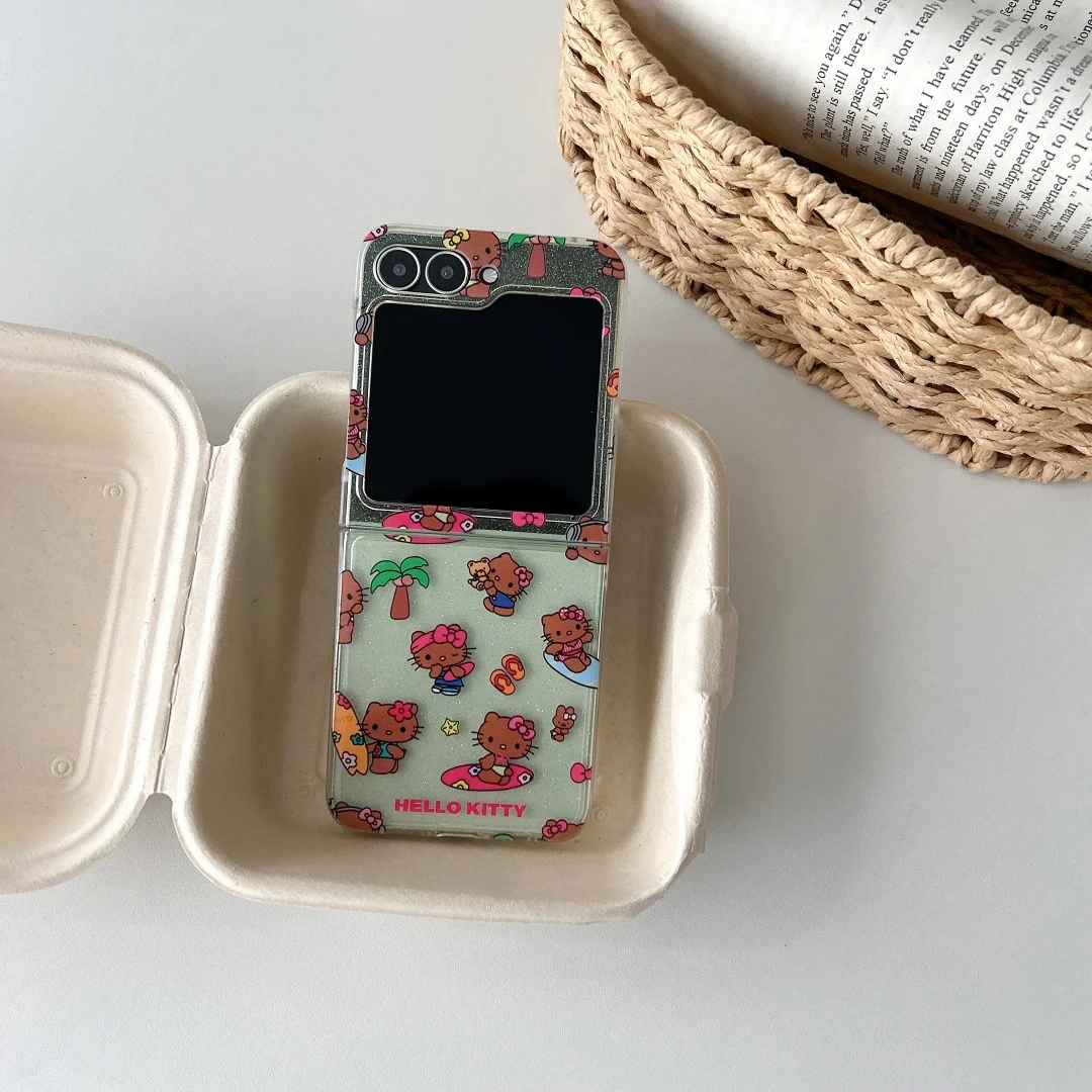 

Beach Hello Kitty Cat Glitter Clear Case For Samsung Galaxy Z Flip 7 6 5 Transparent Folding Cover For Samsung Z Flip5 Flip6