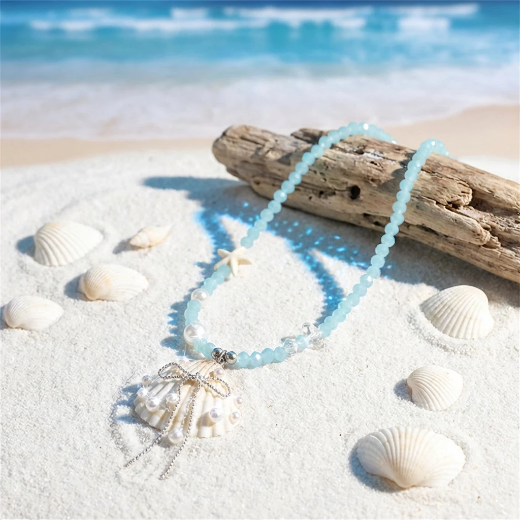 Einzigartige Seestern-Seil-Halsketten für Frauen, Muschel-Imitationsperlen-Schleifen-Quasten-Halsketten, zarter, süßer Sommerschmuck als Geschenk – Detail 7