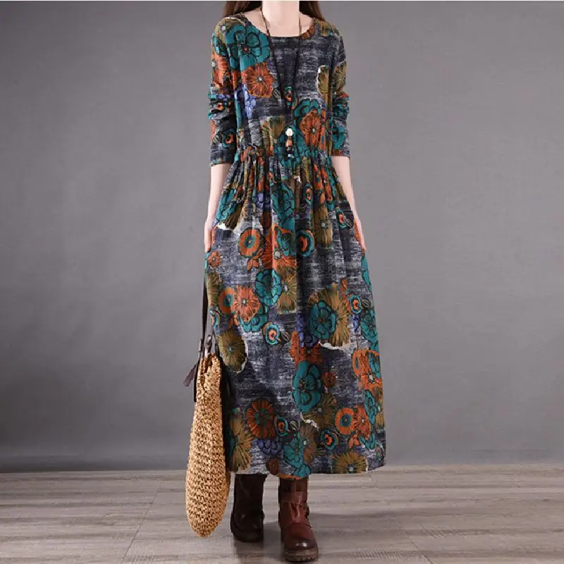 

Bohemian Floral Print Long Dress For Women With Three Quarter Sleeves And Button Detailing Casual Spring Autumn Style