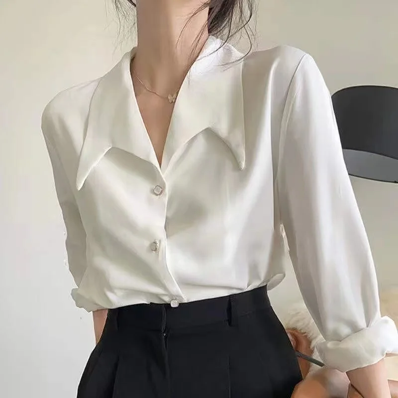 French Style Turn Down Collar Chiffon White Shirt Spring Professional Commuting Formal Tops Elegant Solid Color Blouse Blusas