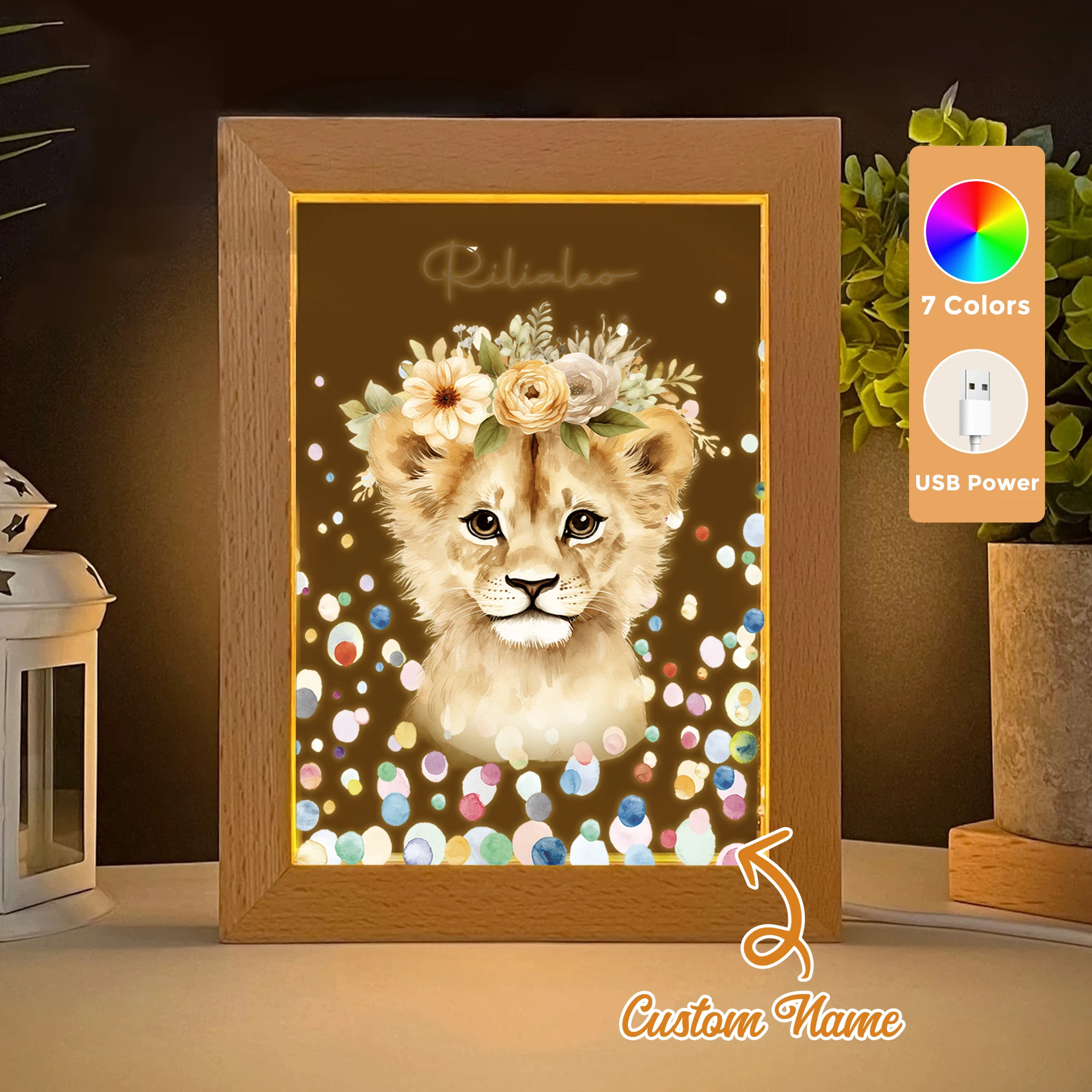 

2D Flat Custom Name Cartoon Lion With Wreath LED Acrylic Night Light Wood Photo Frame 21x17cm Child Bedroom Gifts Home Decor