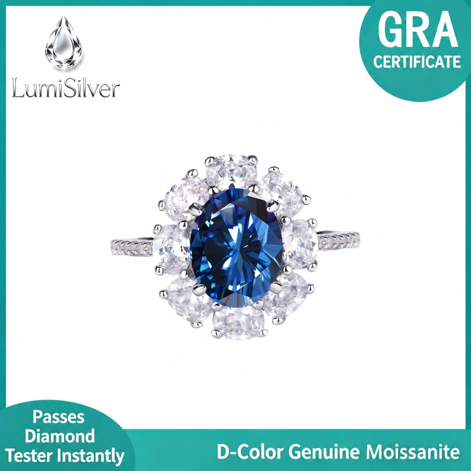 2CT Oval Cut Sapphire Blue Moissanite Ring 925 Silver Floral Halo Women Engagement Fine Jewelry GRA Certificate