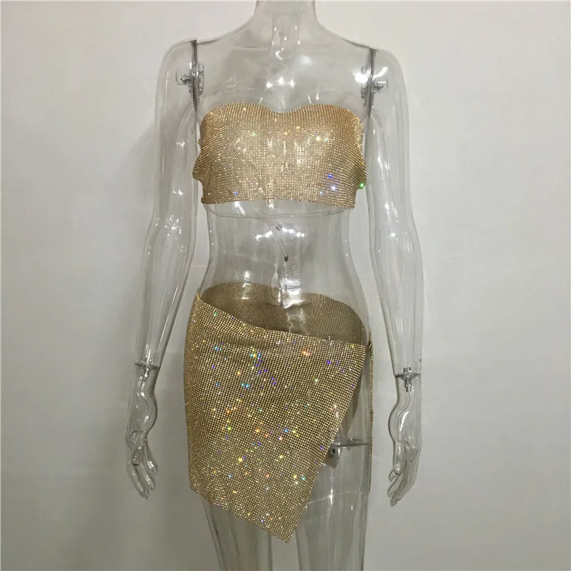 AKYZO Strapless Crop Top and Mini Skirt Set for Women Shiny Rhinestone Diamond Sexy Clubwear Festival Rave Party Matching Outfit