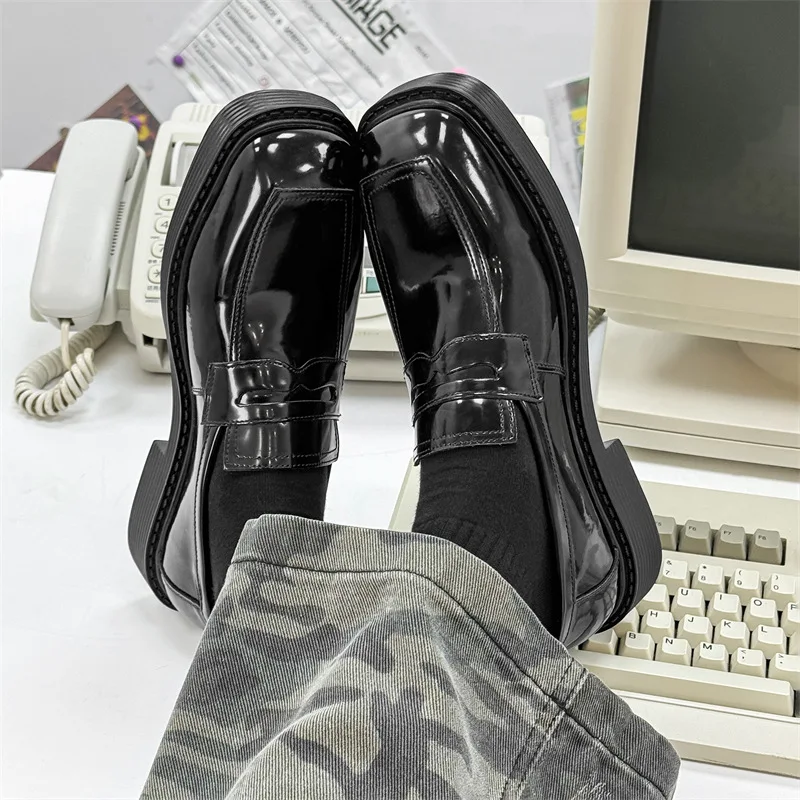 

big size mens casual business office dress shoes slip-on patent leather shoe designer square toe sneakers platform footwear mans