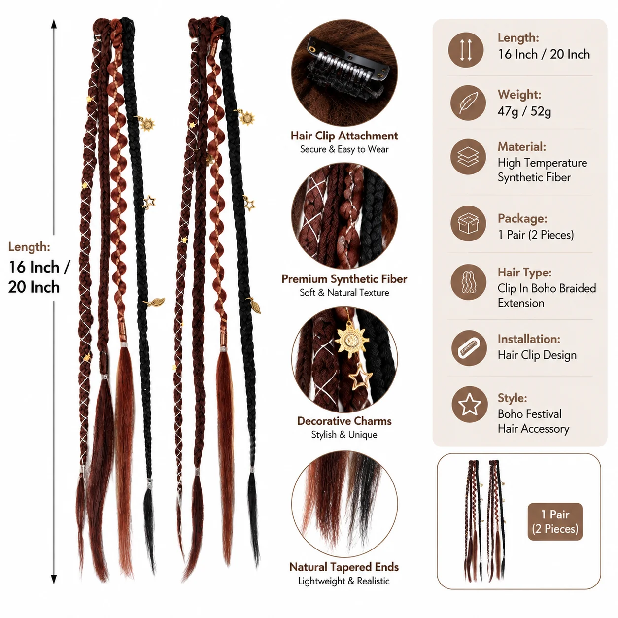 Clip In Braided Hair Extensions Boho Festival Accessories Women Tribal Style Decorative Braid Strands Synthetic Fiber Fastener
