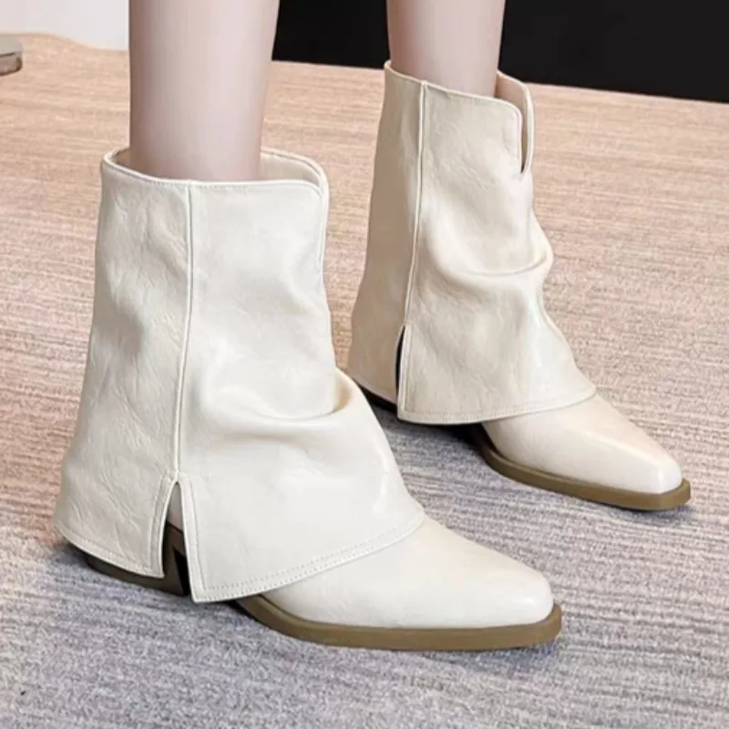 

Women Mid Heels Short Boots Winter 2025 Designer Elegant Shoes Fashion Leather Ankle Boots Dress Chunky Pumps Zapatillas Mujer
