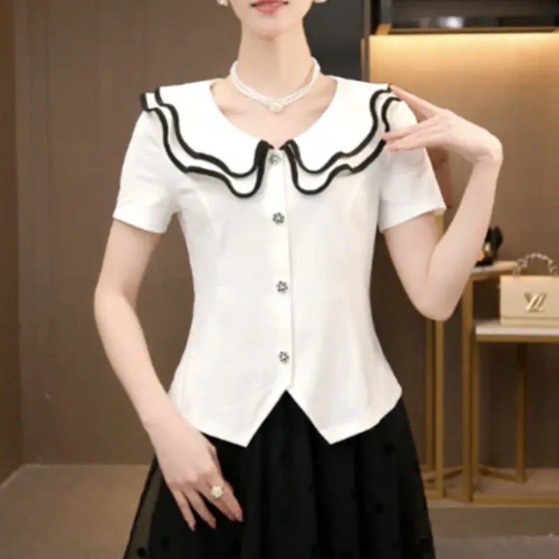 Peter Pan Collar Blusas de manga curta para mulheres, botão, tudo combina, solto, tops casuais, chique, roupas femininas, verão, novo, doce, 2024