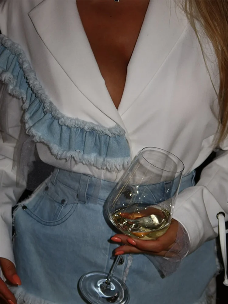 Veste Blazer Chic en dentelle Patchwork pour femmes, asymétrique épaule dénudée, revers à lacets, boutons rétro, Slim, tenue de rue Chic, Y2k, 2025