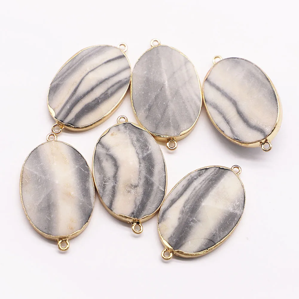 New Natural Stone Oval Pendant Connector Section Necklace Mineral Healing Gold Plated Edge Charms Fashion Jewelry Wholesale 4Pcs