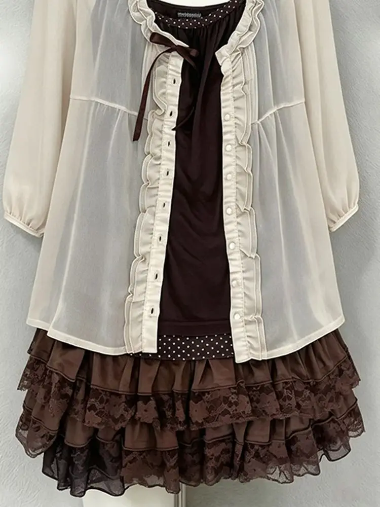 Vintage Hapanese Style Sets Women Polka Dot Neck Strap Lace Cake Dress Button Up Cardigan Sweet Three-piece Set Summer 2026 New view 6