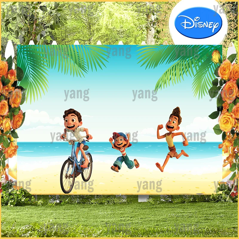 Cartoon Luca Bicycle Tropical Plants Blue Theme Happy Disney Birthday Party Cake Table Decoration Supplies Backdrop Background